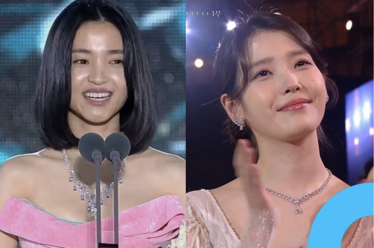 Picture of Kim Taeri being awarded the Best Actress Award and IU’s reaction during the ceremony
